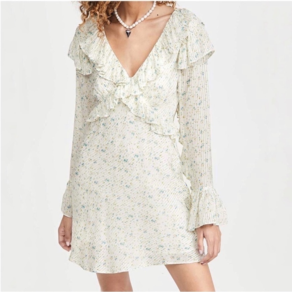FREE PEOPLE Sweetest Thing White & Blue Floral Short Longsleeve Ruffle Dress NWT
